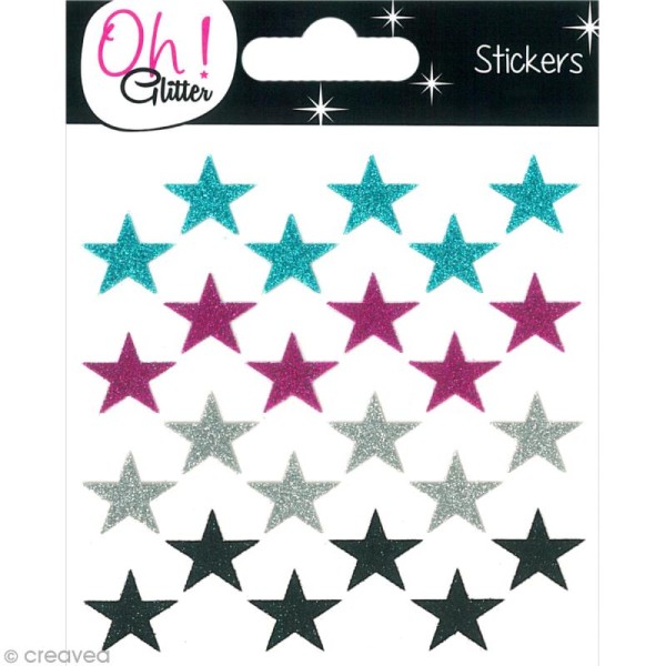 Stickers Oh ! Glitter - Etoiles paillettées - Bleu, rose Fuchsia, gris argent et noir x 24 - Photo n°1