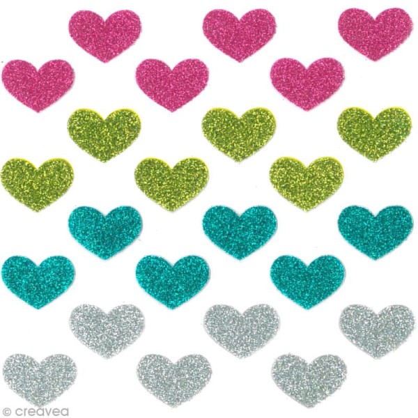 Stickers Oh ! Glitter - Coeurs paillettés - Rose, vert, turquoise et gris argent x 24 - Photo n°2