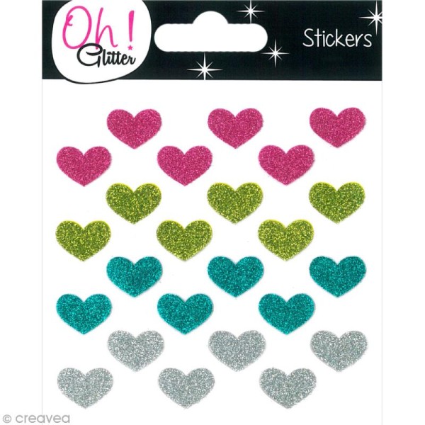 Stickers Oh ! Glitter - Coeurs paillettés - Rose, vert, turquoise et gris argent x 24 - Photo n°1