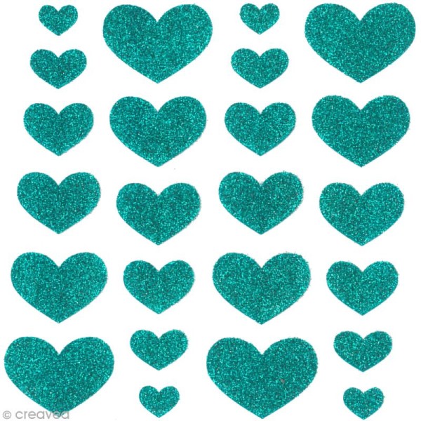 Stickers Oh ! Glitter - Coeurs paillettés - Turquoise x 24 - Photo n°2