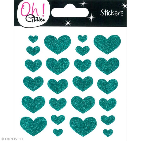 Stickers Oh ! Glitter - Coeurs paillettés - Turquoise x 24 - Photo n°1