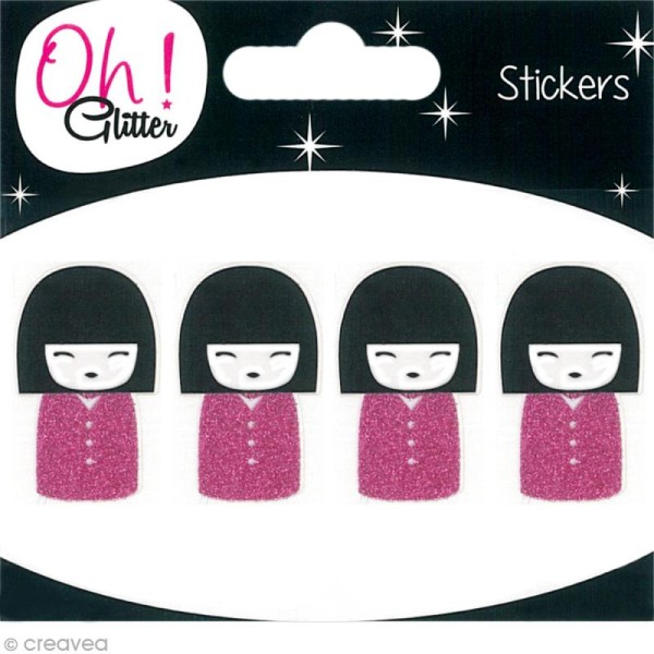 Stickers Oh ! Glitter - Kokeshi paillettée - Rose et noir x 4 - Photo n°1