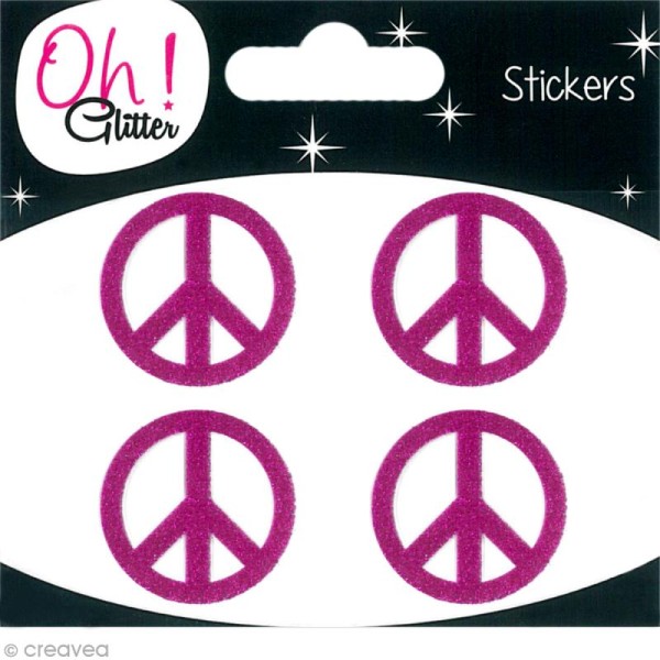 Stickers Oh ! Glitter - Signe de la paix pailletté - Rose fuchsia x 4 - Photo n°1