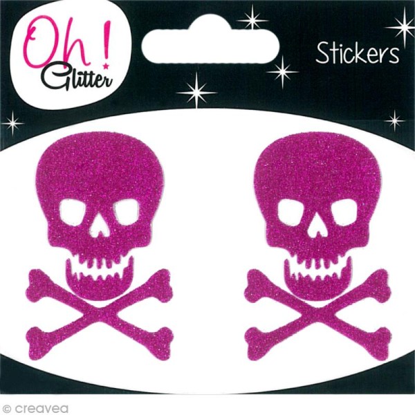 Stickers Oh ! Glitter - Tête de mort paillettée - Rose fuchsia x 2 - Photo n°1