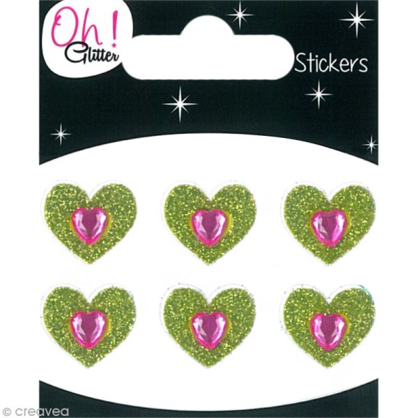 Stickers Oh ! Glitter - Coeurs Vert à paillettes 1,5 cm - 6 pcs - Photo n°1