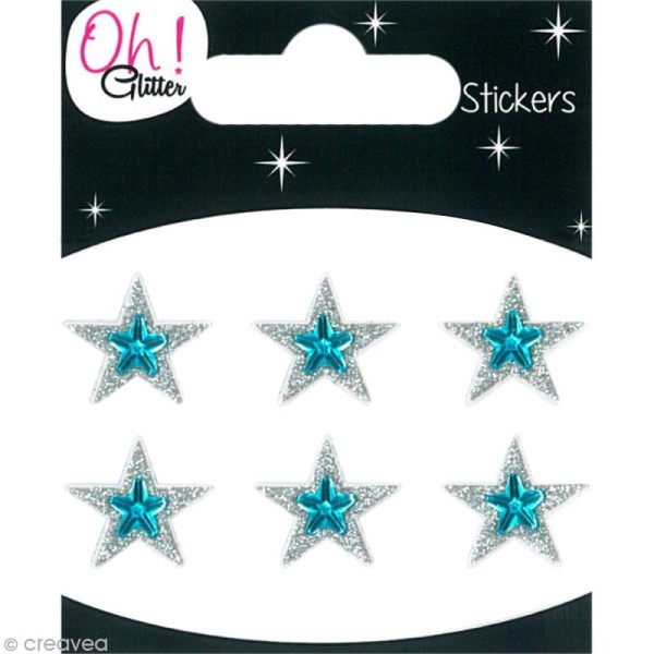 Stickers Oh ! Glitter - Etoiles Gris argent - turquoise à paillettes 1,3 cm - 6 pcs - Photo n°1
