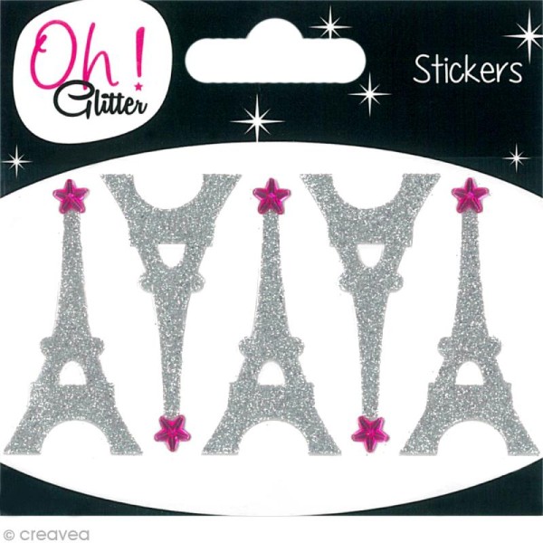Stickers Oh ! Glitter - Tour Eiffel Gris argent à paillettes 5 cm - 5 pcs - Photo n°1
