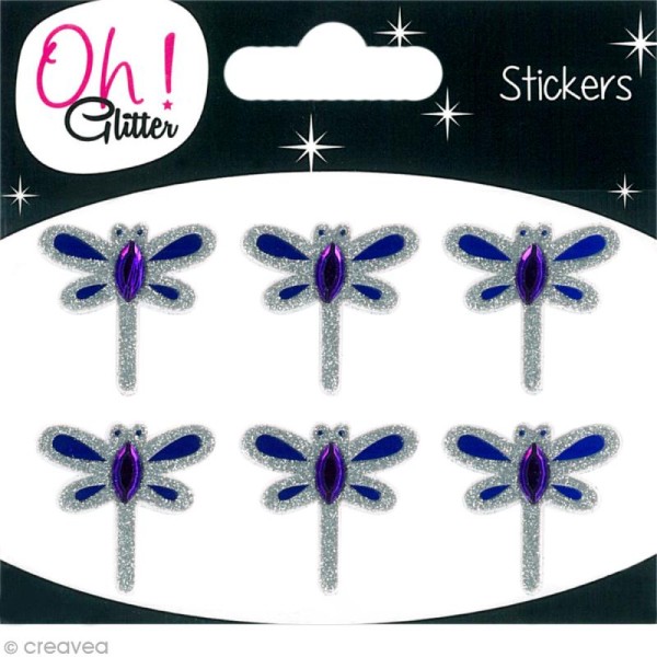 Stickers Oh ! Glitter - Libellules Gris argent à paillettes 2,8 cm - 6 pcs - Photo n°1