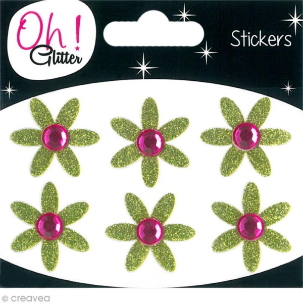 Stickers Oh ! Glitter - Fleurs Vert à paillettes 3 cm - 6 pcs - Photo n°1