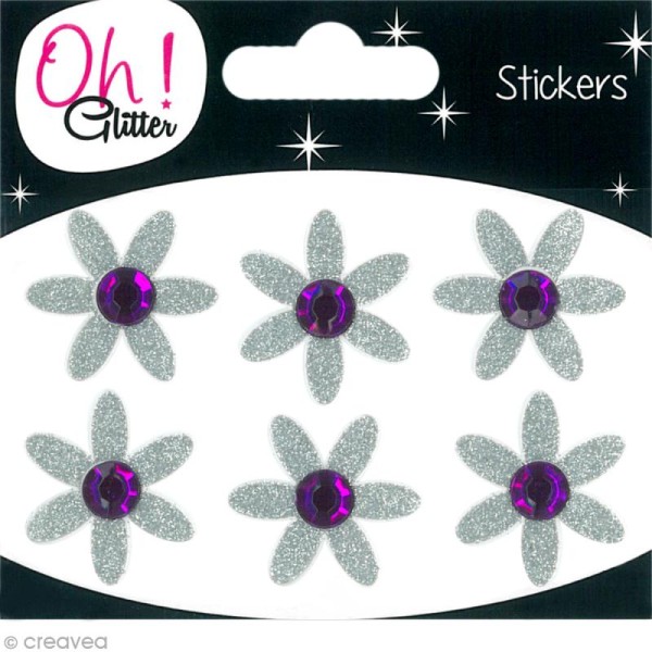 Stickers Oh ! Glitter - Fleurs Gris argent à paillettes 3 cm - 6 pcs - Photo n°1