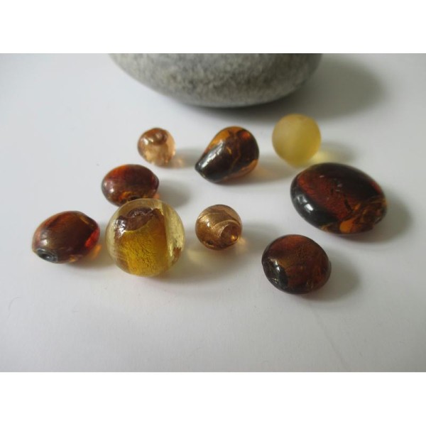 Lot de 9 perles de verre MURANO ton ambre - Photo n°1