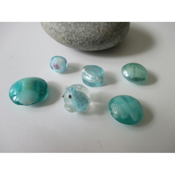 Lot de 6 perles de verre MURANO ton bleu vert - Photo n°1