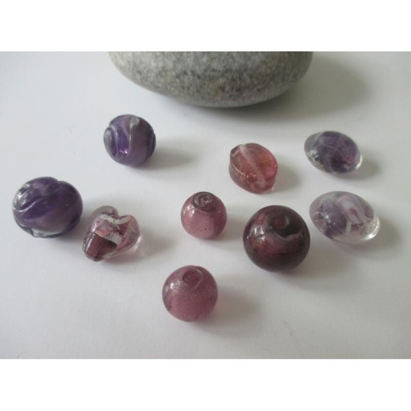 Lot de 9 perles de verre MURANO ton violet - Photo n°1