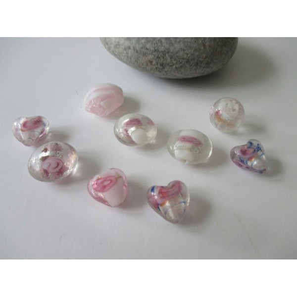 Lot de 9 perles de verre MURANO ton blanc rose - Photo n°1