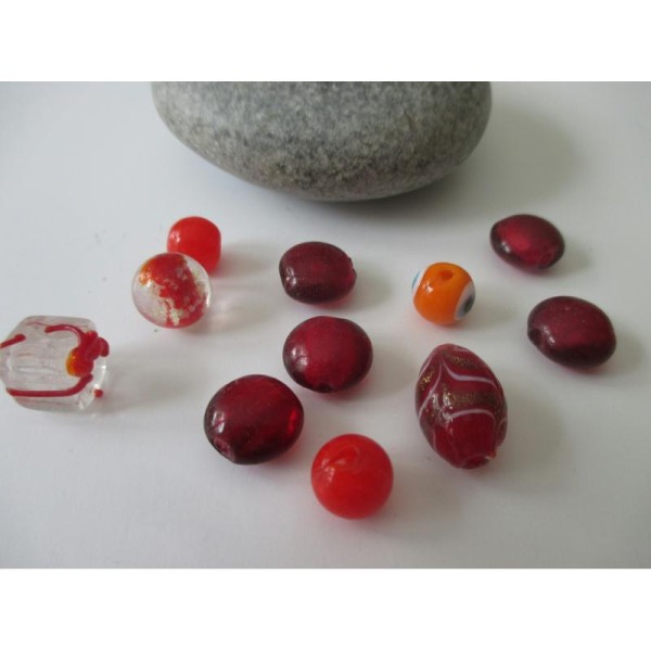 Lot de 11 perles de verre MURANO ton rouge orange - Photo n°1