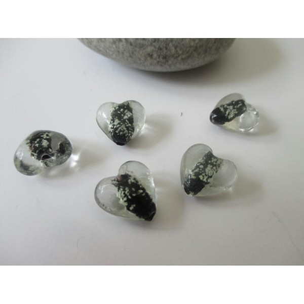 Lot de 5 perles de verre MURANO cœur transparent et noir - Photo n°1
