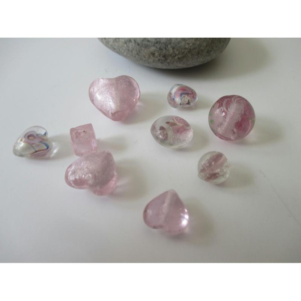 Lot de 9 perles de verre MURANO ton rose - Photo n°1