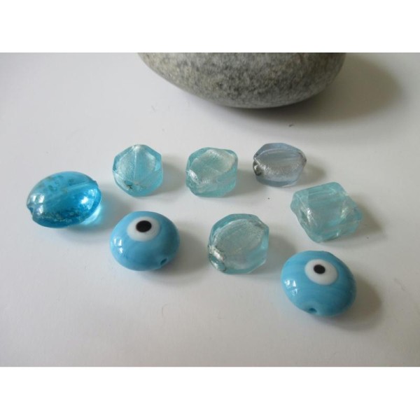 Lot de 8 perles de verre MURANO ton bleu - Photo n°1
