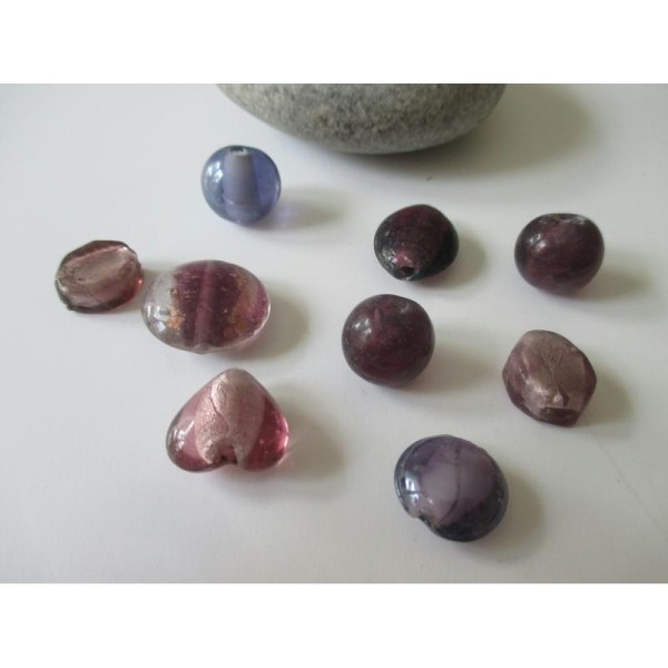Lot de 9 perles de verre MURANO ton mauve violet - Photo n°1