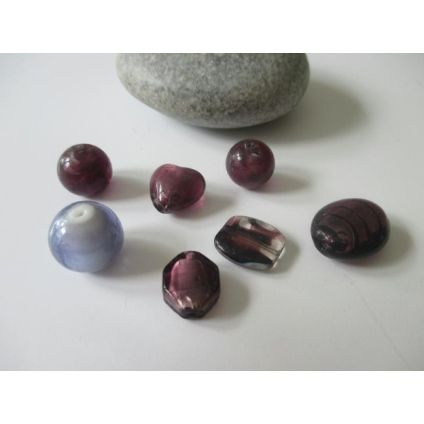 Lot de 7 perles de verre MURANO mauve et violet - Photo n°1