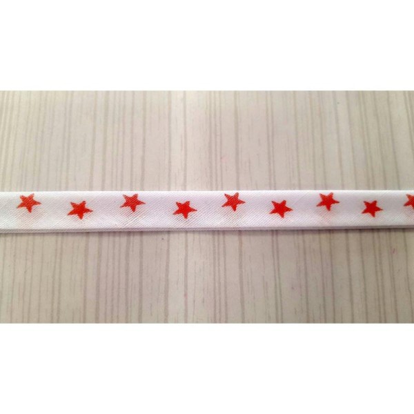 1m Biais fantaisie blanc à étoiles rouge 20mm replié , polyester et coton - Photo n°1