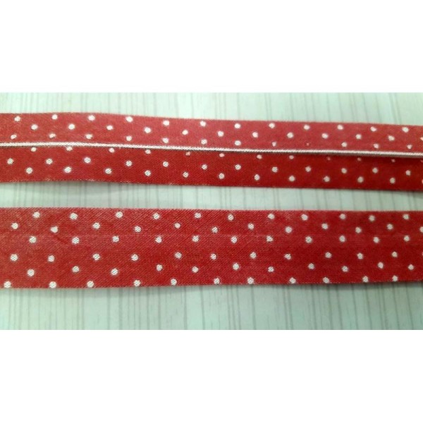 1m Biais fantaisie rouge à pois blanc 20mm replié , polyester et coton - Photo n°1