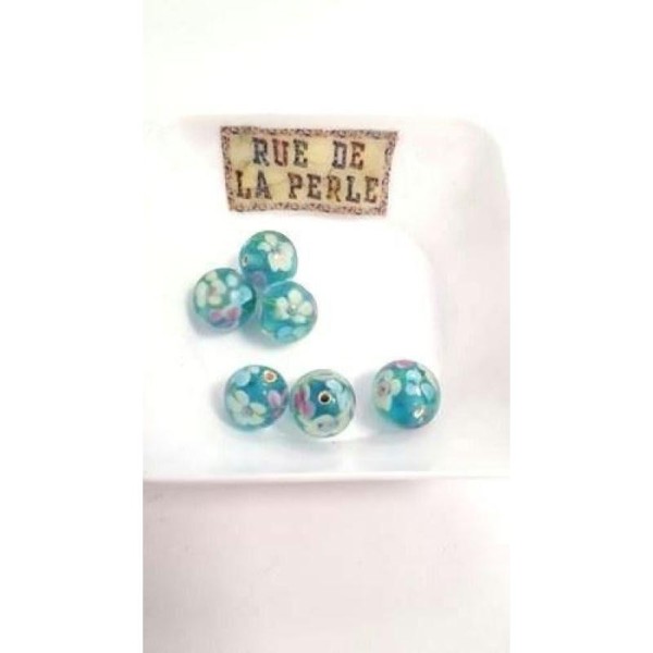 6 Perles en verre bleu à fleurs 12mm - Photo n°1