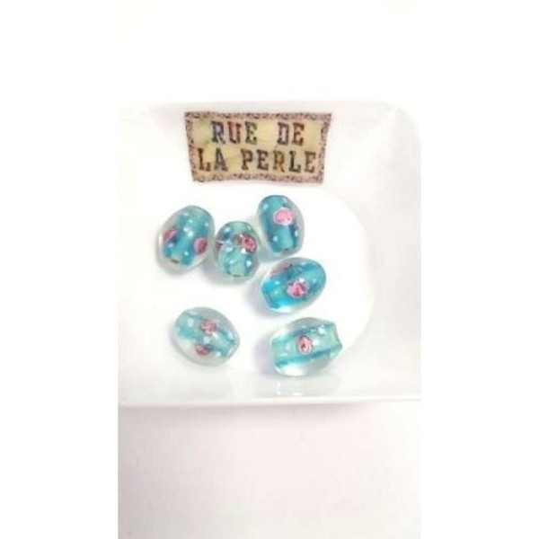 6 Perles en verre bleu à fleurs 15x11mm - Photo n°1