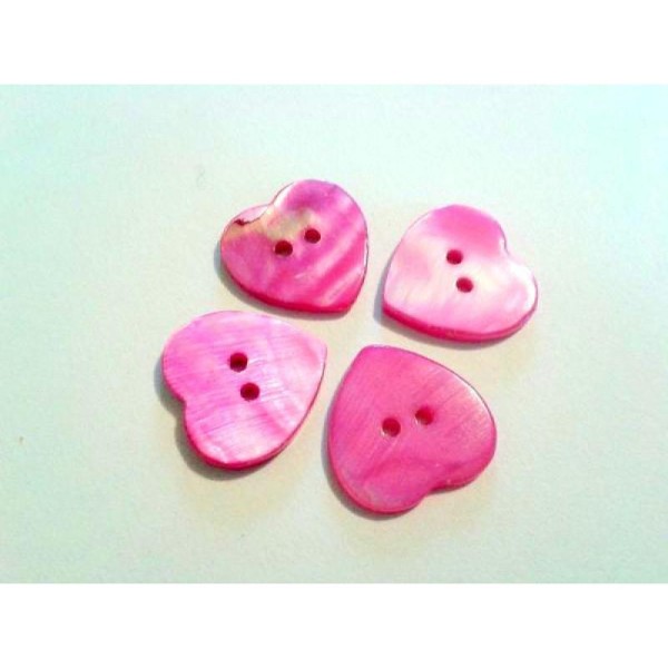 Lot 4 boutons en nacre cœur rose fushia - 20mm - Photo n°1