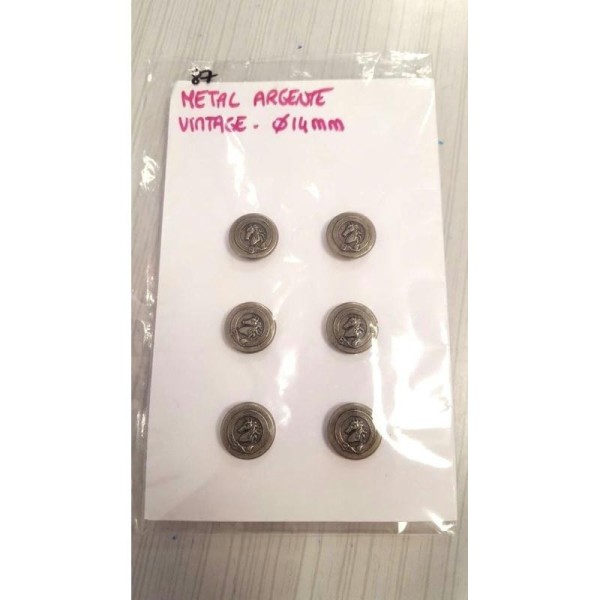 Carte 6 boutons motif cheval métal argenté - 14mm - n°87 - Photo n°1