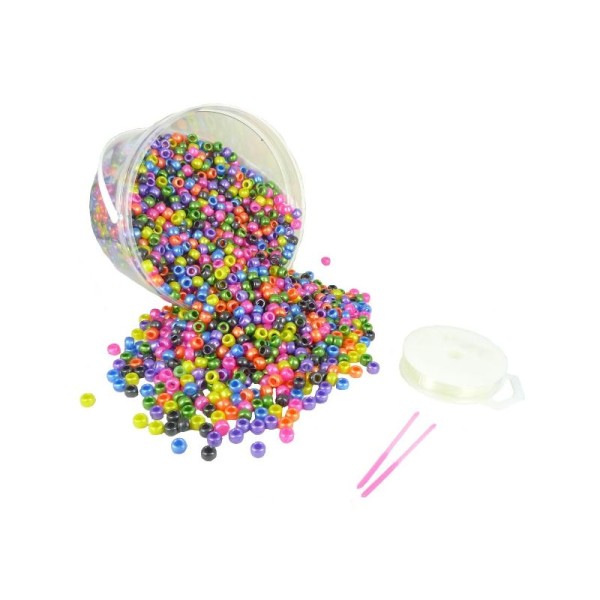 Seau de 2700 perles cassis en plastiques (ø 09 mm) avec 23mt de fil nylon + 2 aiguilles - Photo n°1