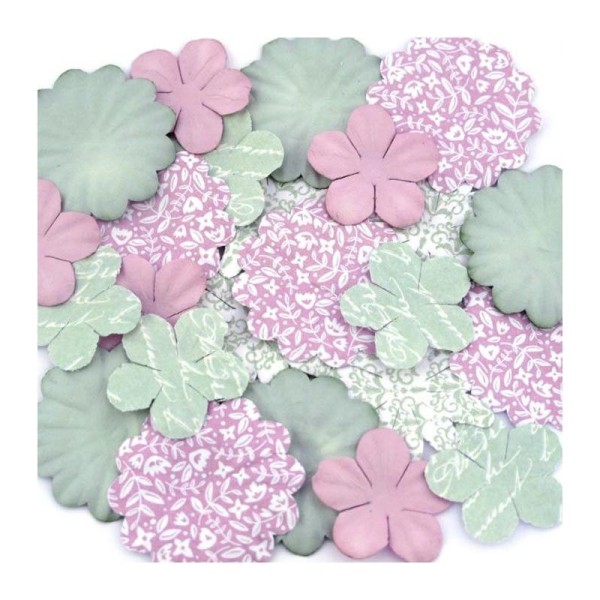 25 fleurs imprimées à motifs Shabby Love - rose et vert - Photo n°1