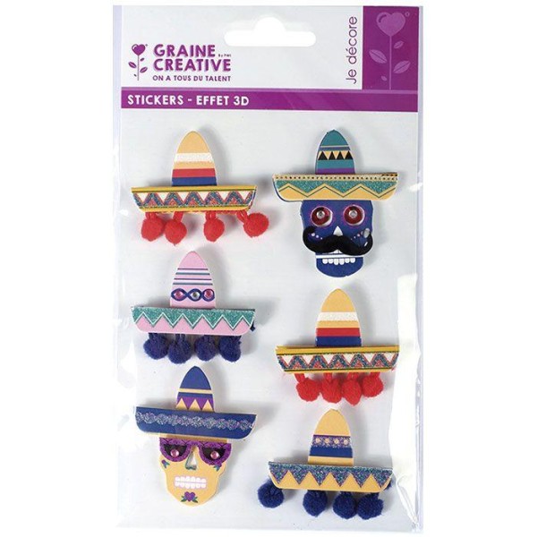 6 stickers 3D - Chapeaux mexicains Sombreros 5,5 cm - Photo n°1