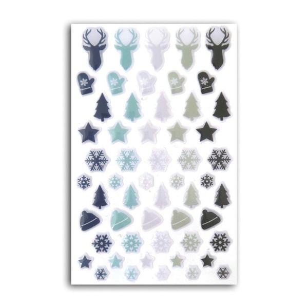 55 stickers epoxy pour scrapbooking Noël givré - Cerf, sapin et Flocons - Photo n°2