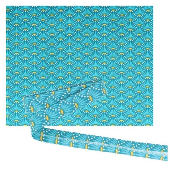 Tissu 55 x 45 cm & biais de couture 3 m x 2 cm - Bleu clair à fleurs - Photo n°1