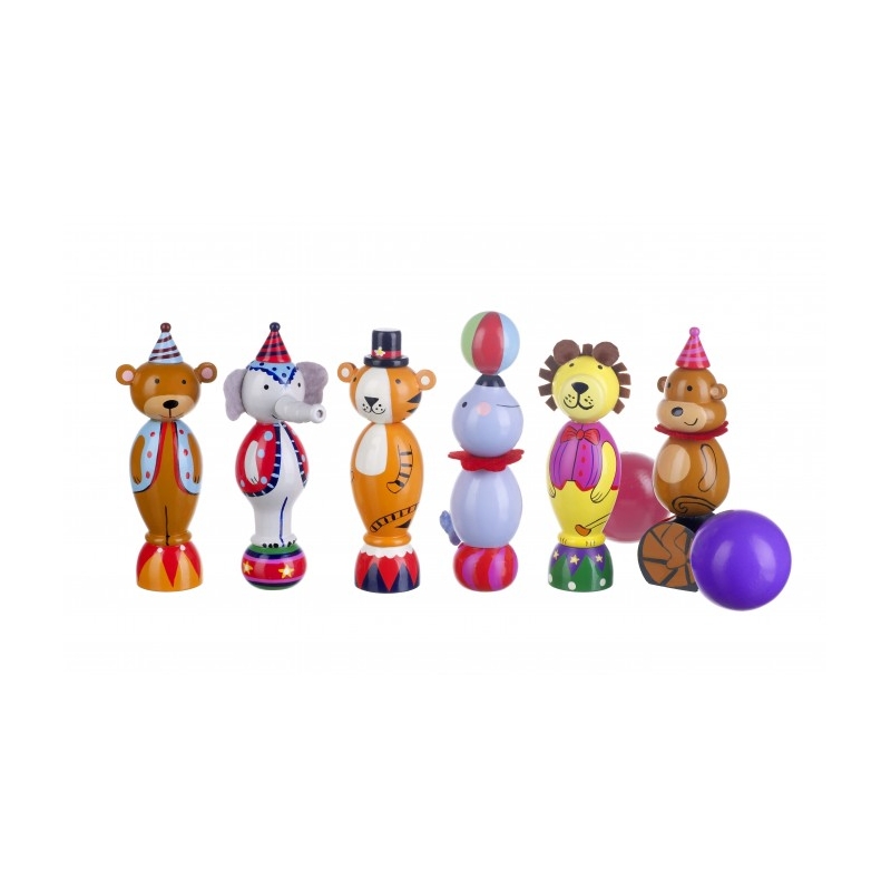 Jeux de quilles 6 figurines animaux de cirque et 2 balles - à partir de 36  mois Orange Tree Toys - Jouets en bois - Creavea