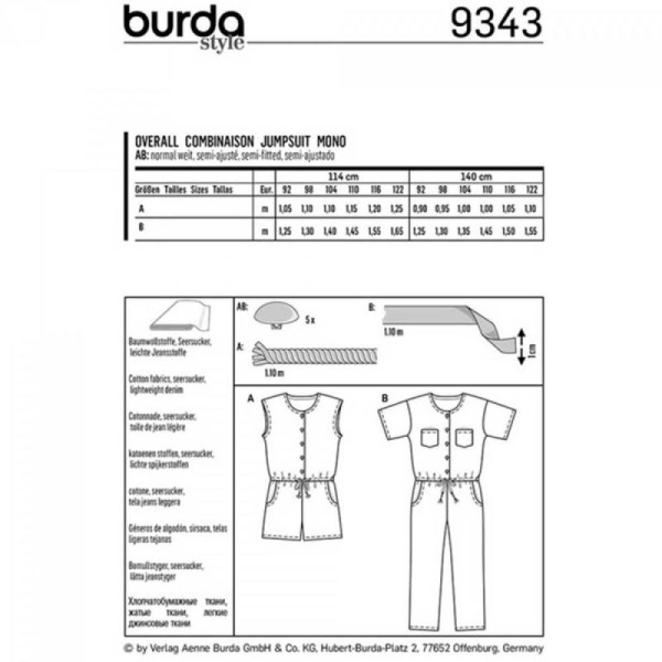 9343  Combinaisons taille basse Patron de couture facile pour enfants Burda 