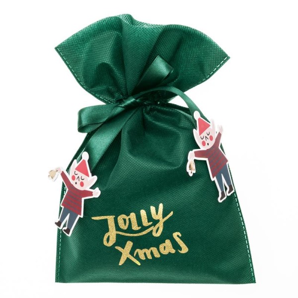 Petit Sac Cadeau en tissu Vert - Jolly Xmas - 20 x 30 cm - Photo n°1