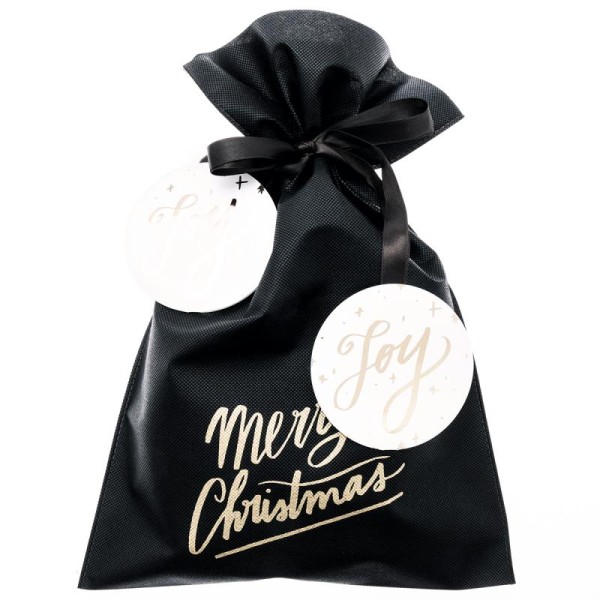 Grand Sac Cadeau en tissu Noir - Merry Christmas - 30 x 45 cm - Photo n°1