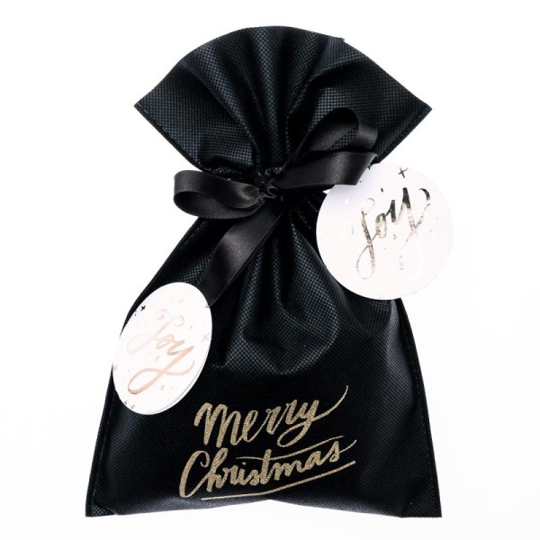 Petit Sac Cadeau en tissu Noir - Merry Christmas - 20 x 30 cm - Photo n°1