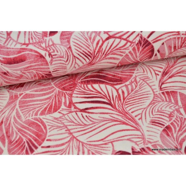 Tissu Canva coton imprimé Feuilles tropicales Roses - Photo n°1