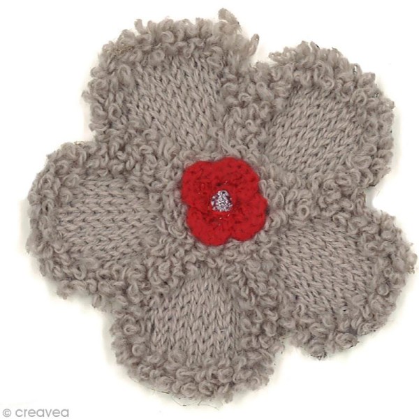 Motif thermocollant Fleur tricotée - Fleur taupe et rouge - 6 x 6 cm - Photo n°1