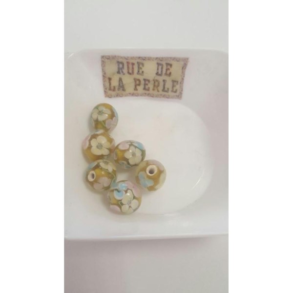 6 Perles en verre type millefiori - 12mm - jaune - Photo n°1
