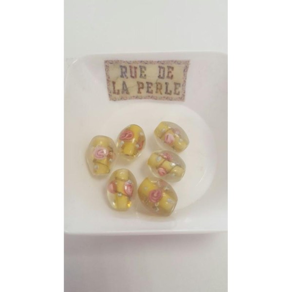 6 Perles en verre type millefiori - 15x11mm - jaune - Photo n°1