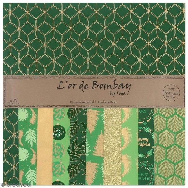 Papier l'Or de Bombay 30 x 30 cm - Vert, blanc, doré - 10 feuilles - Photo n°1