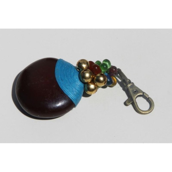 Porte clé avec mousqueton et graine, fil de coton bleu - Photo n°1