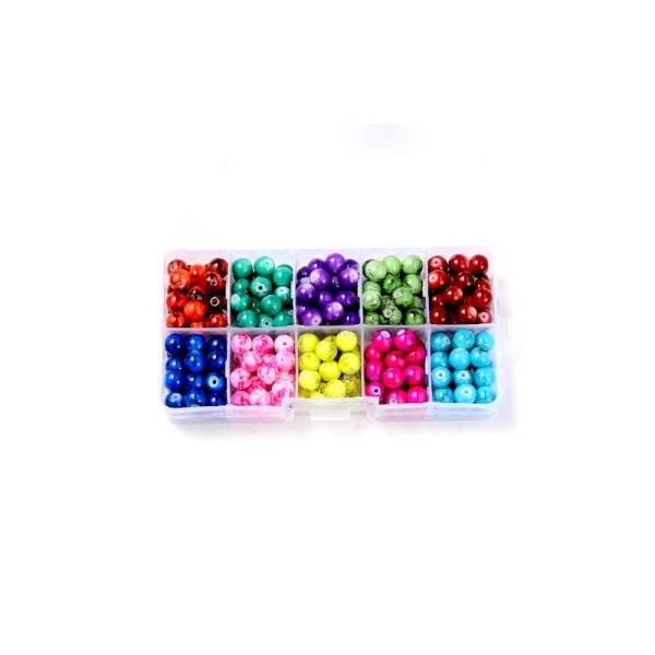 Boite de 240 perles en verre tachetée multicolore 8mm - Photo n°1