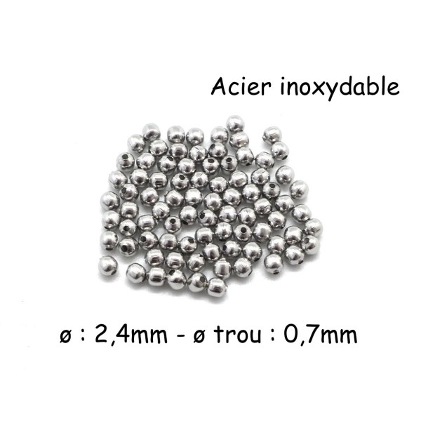 100 Petites Perles Ronde En Acier Inoxydable Argenté 2,4mm - Photo n°1