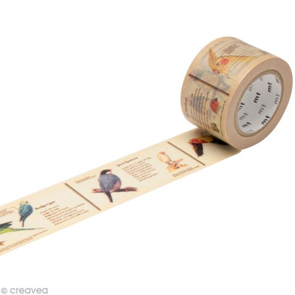 Masking Tape large - Beige - Encyclopédie oiseaux - 30 mm x 7 m - Photo n°1