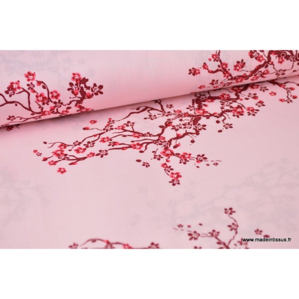 Popeline coton cerisiers japonais fond rose - Photo n°1